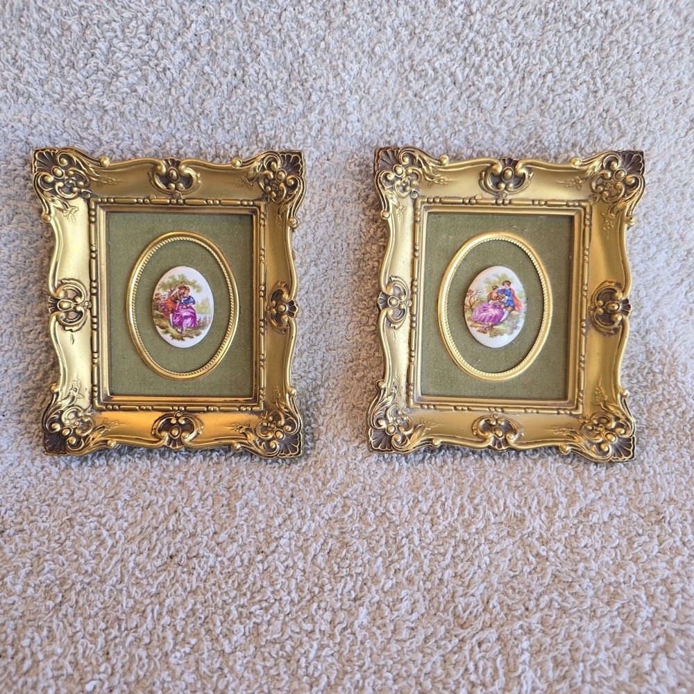 B & S Creations Cameo Courting Couple Ornate Gold-colored Framed Pictures Set 2